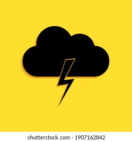 Black Storm icon isolated on yellow background. Cloud and lightning sign. Weather icon of storm. Long shadow style. Vector.