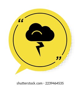 Black Storm icon isolated on white background. Cloud and lightning sign. Weather icon of storm. Yellow speech bubble symbol. Vector Illustration