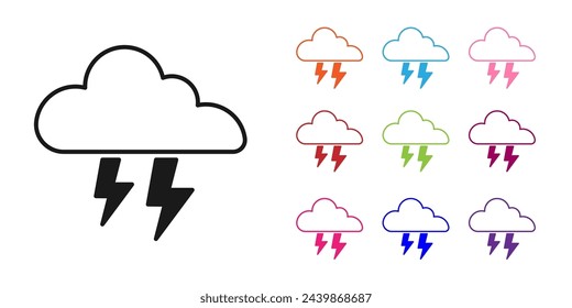 Black Storm icon isolated on white background. Cloud and lightning sign. Weather icon of storm. Set icons colorful. Vector