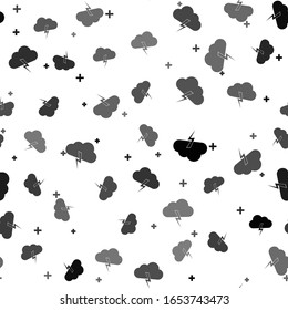 Black Storm icon isolated seamless pattern on white background. Cloud and lightning sign. Weather icon of storm.  Vector Illustration
