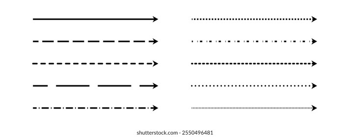 Black straight arrows set. Long thin arrow collection. Doodle sketched pointers and direction lines. Outline stripe design elements bundle for flyer, poster, brochure, booklet, banner. Vector 