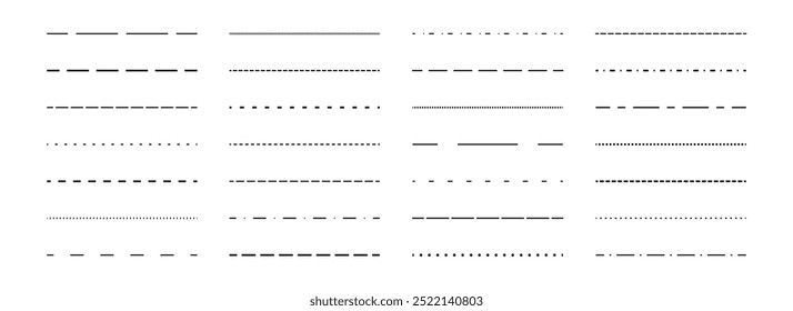 Conjunto de linhas tracejadas retas pretas. Coleção de elementos de design de divisores e separadores pontilhados. Pacote de traçado quebrado para sublinhado, ênfase, realce. Feixe de linhas finas com traço repetido. Vetor