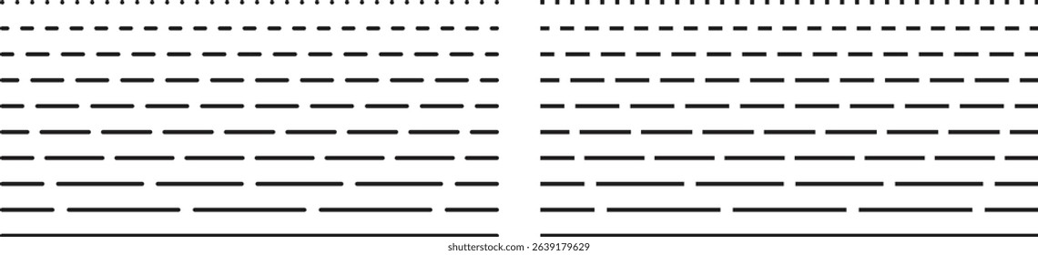 Black straight dashed line set. Dotted dividers and separators design element collection. Broken stroke pack for underline, emphasis, highlight. Repeated dash thin lines bundle vector isolated.