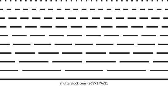 Black straight dashed line set. Dotted dividers and separators design element collection. Broken stroke pack for underline, emphasis, highlight. Repeated dash thin lines bundle vector isolated.