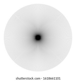 Black straight lines in radial composition isolated on white background. Radiating stripes. Monochrome starburst print. Decorative round element. Simple modern print on poster. Abstract geometric art.