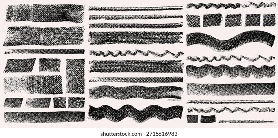 Schwarze gerade Linien, gewellte Formen gesetzt. Kinderkreide und stiftgezeichnete geometrische Elemente. Fette Kalligraphie-Malstriche, skizzenhafte Holzkohle-Grunge-Texturen. Handgezeichnete Vektorgrafik-Tintengrafik.