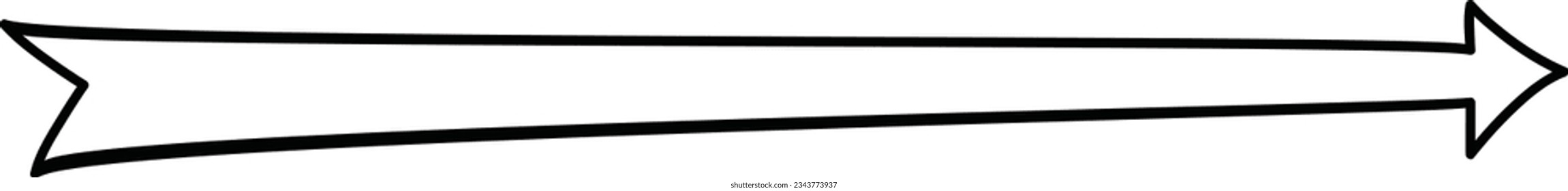 Black straight long arrow in hand drawn style. Arrow shape element pointimg right.