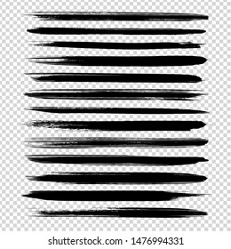 Black straight long brushstrokes textured big set isolated on imitation transparent background
