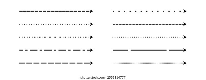Seta preta tracejada reta definida. Coleção de setas longas pontilhadas. Fazer doodle de ponteiros esboçados e linhas de direção. Contorno faixa elemento bundle para folheto, cartaz, brochura, livreto, banner. Vetor