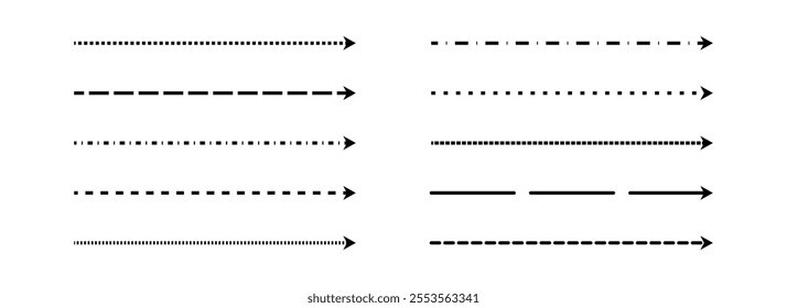 Black straight thin dashed arrow set. Long dotted arrows collection. Outline stripe element bundle for flyer, poster, brochure, booklet, banner. Doodle sketched pointers and direction lines. Vector