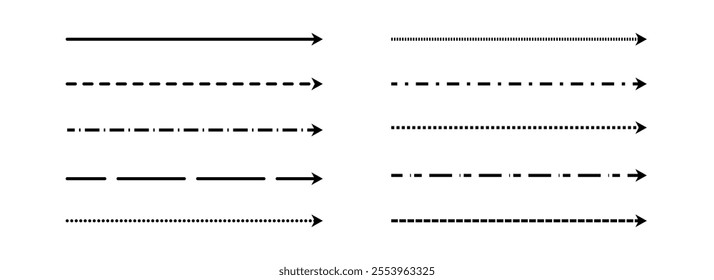 Black straight thin dashed arrow set. Long dotted arrows collection. Linear stripe element bundle for flyer, poster, brochure, booklet, banner. Doodle sketched pointers and direction lines. Vector