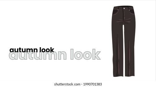 black straight women's trousers, isolated on a white background. Dark brown flared jeans for girls. Fashionable autumn look, illustration for a fashion magazine. vector