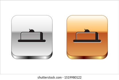 Black Strawberry cheesecake slice with fruit topping icon isolated on white background. Silver-gold square button. Vector Illustration