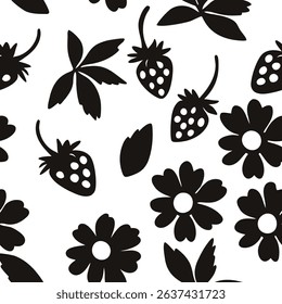 Black strawberry and flower silhouette pattern on white background seamless pattern for fabric, textiles, clothing, wallpaper, cover, banner, home decor, florals backgrounds