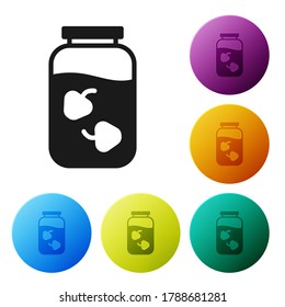Black Strawberry jam jar icon isolated on white background. Set icons in color circle buttons. Vector