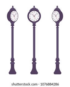 Black street clock set. Sidewalk post streetscape or park setting device for measuring time, hours, minutes. Landscape architecture and urban design concept. Vector flat style cartoon illustration