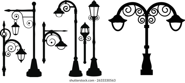 Black Street lamp silhouette vector illustration on white background. Lamp post set illustration