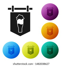 Black Street signboard with glass of beer icon isolated on white background. Suitable for advertisements bar, cafe, pub, restaurant. Set icons colorful circle buttons. Vector Illustration