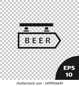 Black Street signboard with inscription Beer icon isolated on transparent background. Suitable for advertisements bar, cafe, pub, restaurant.  Vector Illustration