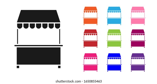 Black Street stall with awning and wooden rack icon isolated on white background. Kiosk with wooden rack. Set icons colorful. Vector Illustration