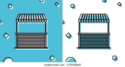 Black Street stall with awning and wooden rack icon isolated on blue and white background. Kiosk with wooden rack. Random dynamic shapes. Vector Illustration