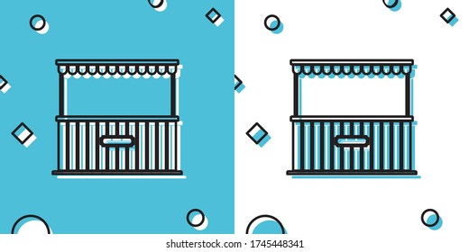 Black Street stall with awning and wooden rack icon isolated on blue and white background. Kiosk with wooden rack. Random dynamic shapes. Vector Illustration