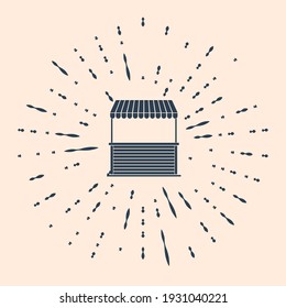 Black Street stall with awning and wooden rack icon isolated on beige background. Kiosk with wooden rack. Abstract circle random dots. Vector Illustration