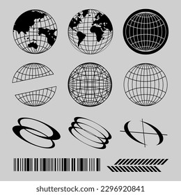 Black streetwear element, globes, abstract shape, bar code for design T shirt, poster, etc... 