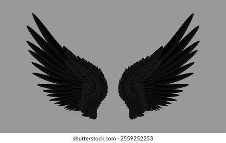 Black stretched wings pair, isolated realistic plumage. Vector part of costume of fantasy creature or fictional personage. Bird or animal body element with plumage and plummets, falcon or crow