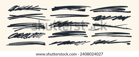 Black strikethroughs and underlines set. Brush drawn various strokes, crossed lines and strike through. Untidy grunge strokes written with marker, charcoal or brush. Childish freehand style.