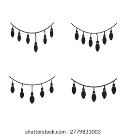 Black string lights with bulbs hanging down in different patterns on white background decorative lighting festive ambiance string lights hanging bulbs