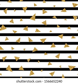 Black stripe and glitter triangle seamless pattern on white background. Great for wallpaper, web background, wrapping paper, fabric, packaging, greeting cards, invitations and more.