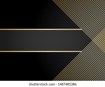 Black stripe with gold border on the dark background. Vector illustration