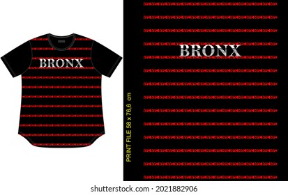 black stripe red t shirt design, with bronx words print, clothing apparel garment style.