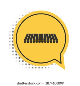 Black Striped awning icon isolated on white background. Outdoor sunshade sign. Awning canopy for shops, cafes and street restaurants. Yellow speech bubble symbol. Vector.