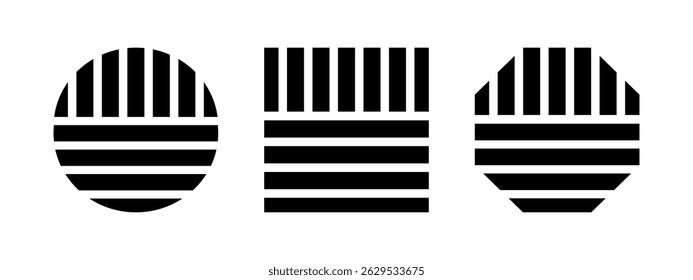 Black striped circle, square and octagon shapes. Streaky geometric shapes isolated on white background. Minimalistic design elements. Vector graphic illustration.