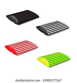 Black and striped color paper pillow box packaging isolated on white background. Realistic 3d vector mock-up. Cardboard flat pack colour gift box case. Mockup. Easy to edit