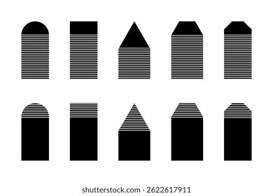Black striped geometric shapes isolated on white background. Minimalistic design elements. Vector graphic illustration.