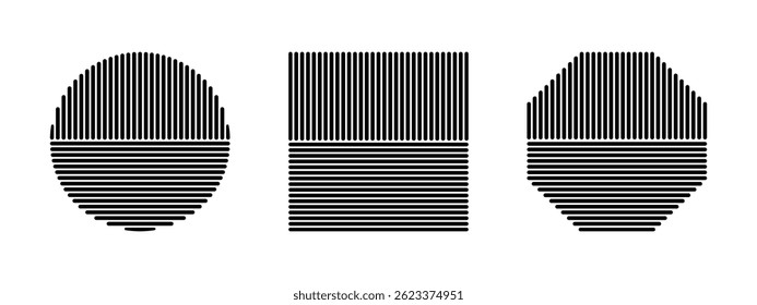 Black striped geometric shapes isolated on white background. Streaky circle, square and octagon forms. Minimalistic design elements. Vector graphic illustration.