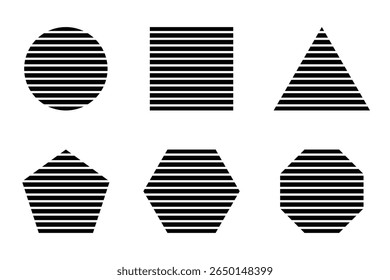 Black striped geometric shapes isolated on white background. Streaked round, square and triangle, pentagon, hexagon and octagon forms. Minimalistic design elements. Vector graphic illustration.