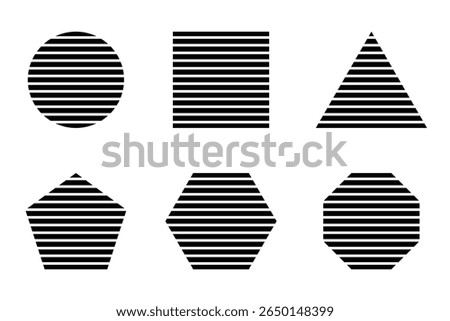 Black striped geometric shapes isolated on white background. Streaked round, square and triangle, pentagon, hexagon and octagon forms. Minimalistic design elements. Vector graphic illustration.