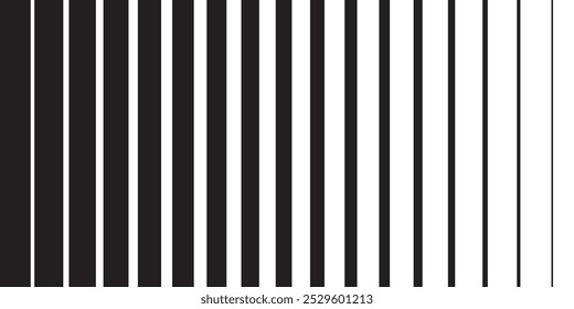 Black striped halftone gradient lines texture. Fading vertical stripes gradation background from thin to thick. Black halftone parallel lines pattern isolated on white vector illustration.