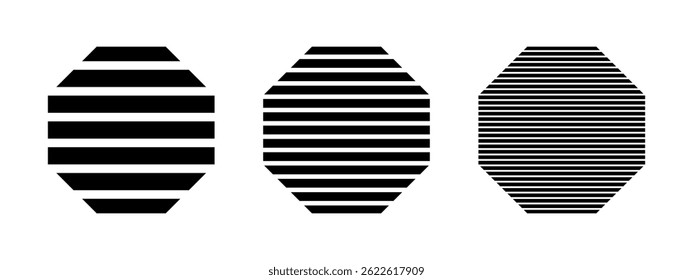 Black striped hexagon isolated on white background. Basic streaked geometric shapes. Minimalistic design elements. Vector graphic illustration.