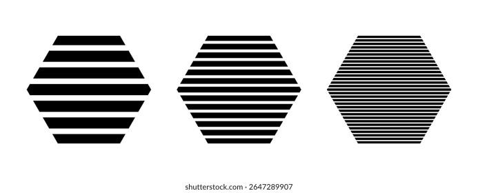 Black striped hexagon shapes isolated on white background. Streaked basic geometric forms. Minimalistic design elements. Vector graphic illustration.
