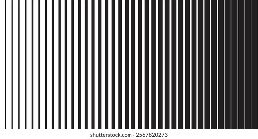 Black striped lines seamless background vector pattern, vertical black stripes, parallel lines from thick to thin. Black streak on white background. Vertical repeatable.