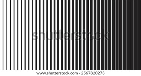 Black striped lines seamless background vector pattern, vertical black stripes, parallel lines from thick to thin. Black streak on white background. Vertical repeatable.