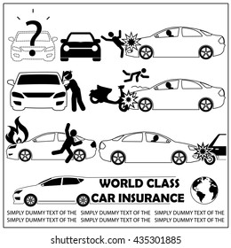 black striped pattern Car crash and car insurance icons in silhouette. In vector style