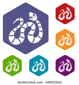 Black striped snake icons set hexagon isolated vector illustration