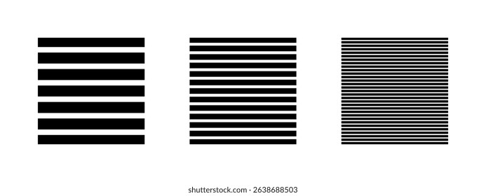 Black striped square shapes isolated on white background. Streaked geometric forms. Minimalistic design elements. Blinds or shutters silhouettes. Vector graphic illustration.