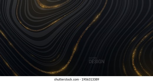 Black striped texture with golden glitters. Abstract marbling background. Vector illustration. Smooth fluid lines pattern. Modern poster design. Trendy cover with wavy black and gold lines